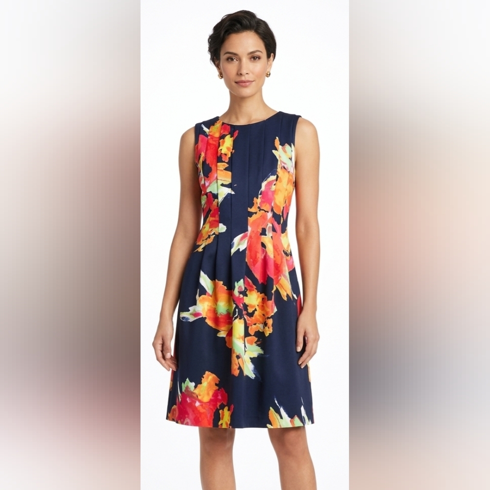 Vince Camuto Floral Navy Fit & Flare Dress - Navy Multi Color Size 10